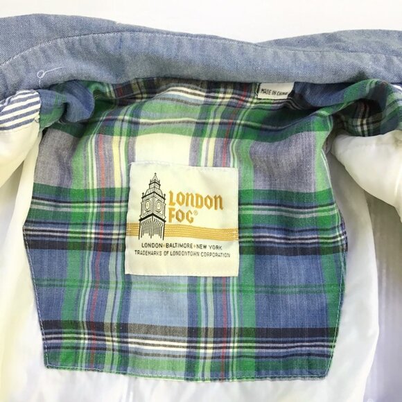 Vintage 90s London Fog Patchwork Plaid Jacket Womens M Blue Chambray Bomber Coat - Picture 13 of 14